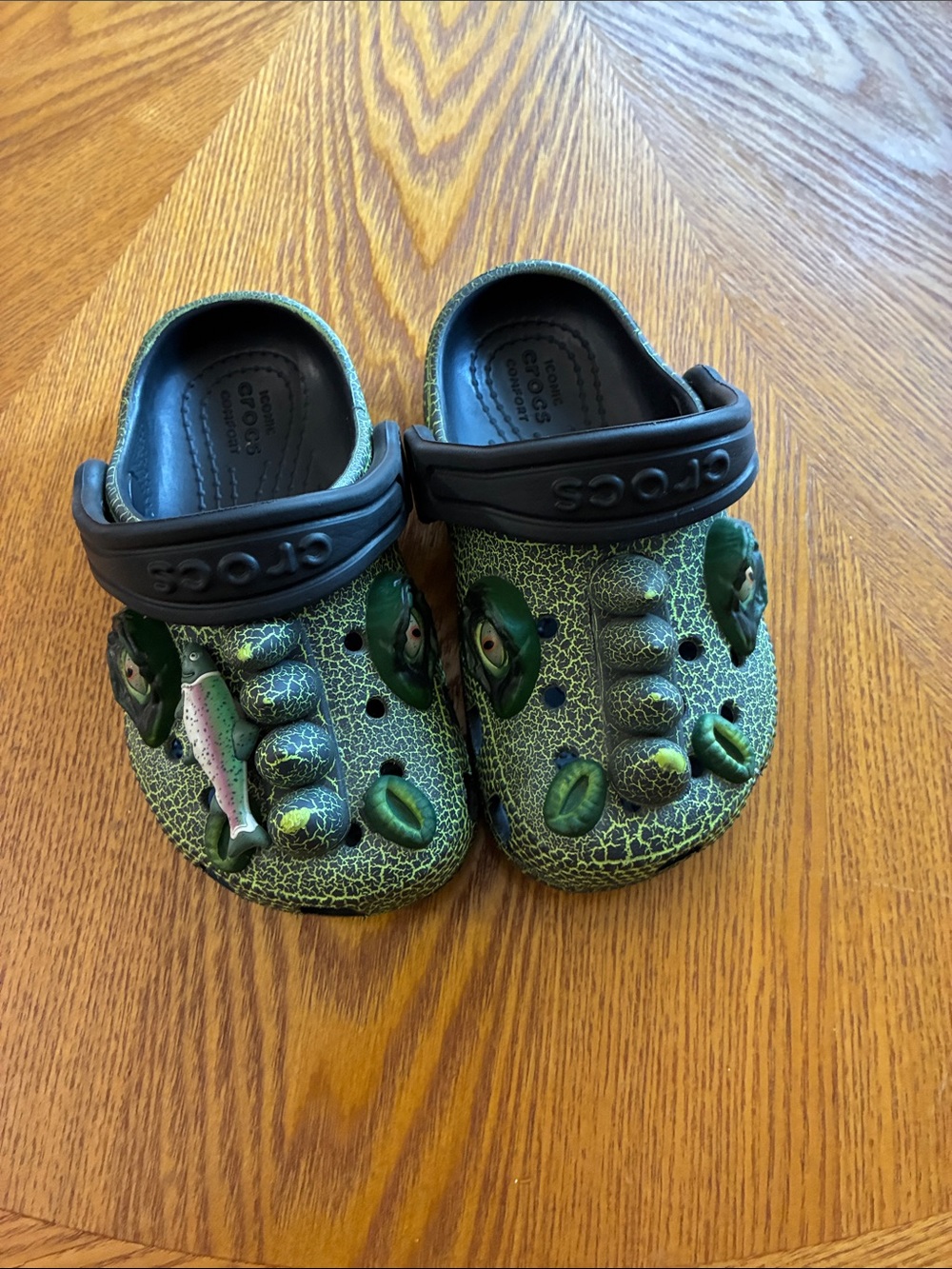 CROCS Kids Green Crackle Monster Clogs with Black Strap